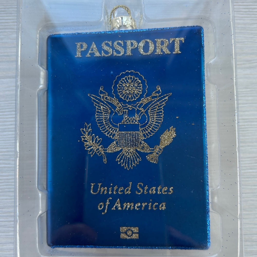 NWT Kurt Adler Glass Passport Ornament Brand New Blue with Gold Glitter